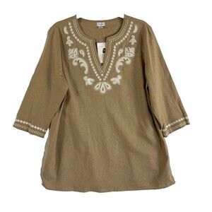 Jaclyn Smith Womens Linen Rayon Tunic Shirt Embroidered Brown V neck 3/4‎ Slv XL